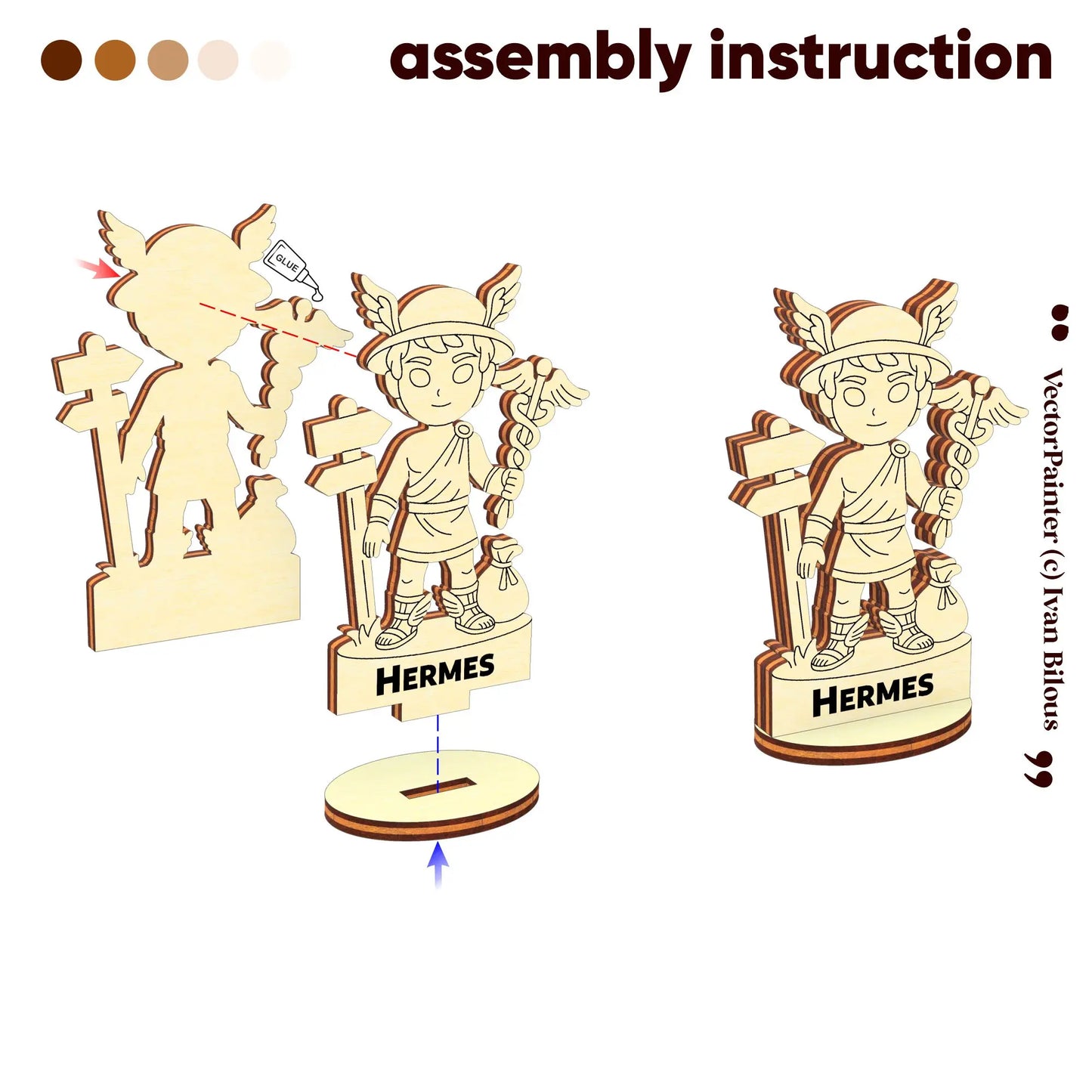 Assembly guide for Hermes: diagram shows how to glue and slot laser cut plywood pieces into a sturdy oval wood base