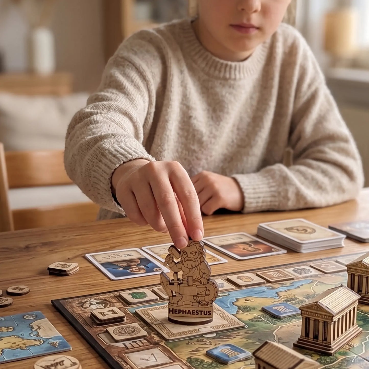 A child's hand moving a laser cut plywood Hephaestus miniature across a colorful board game map during a game session