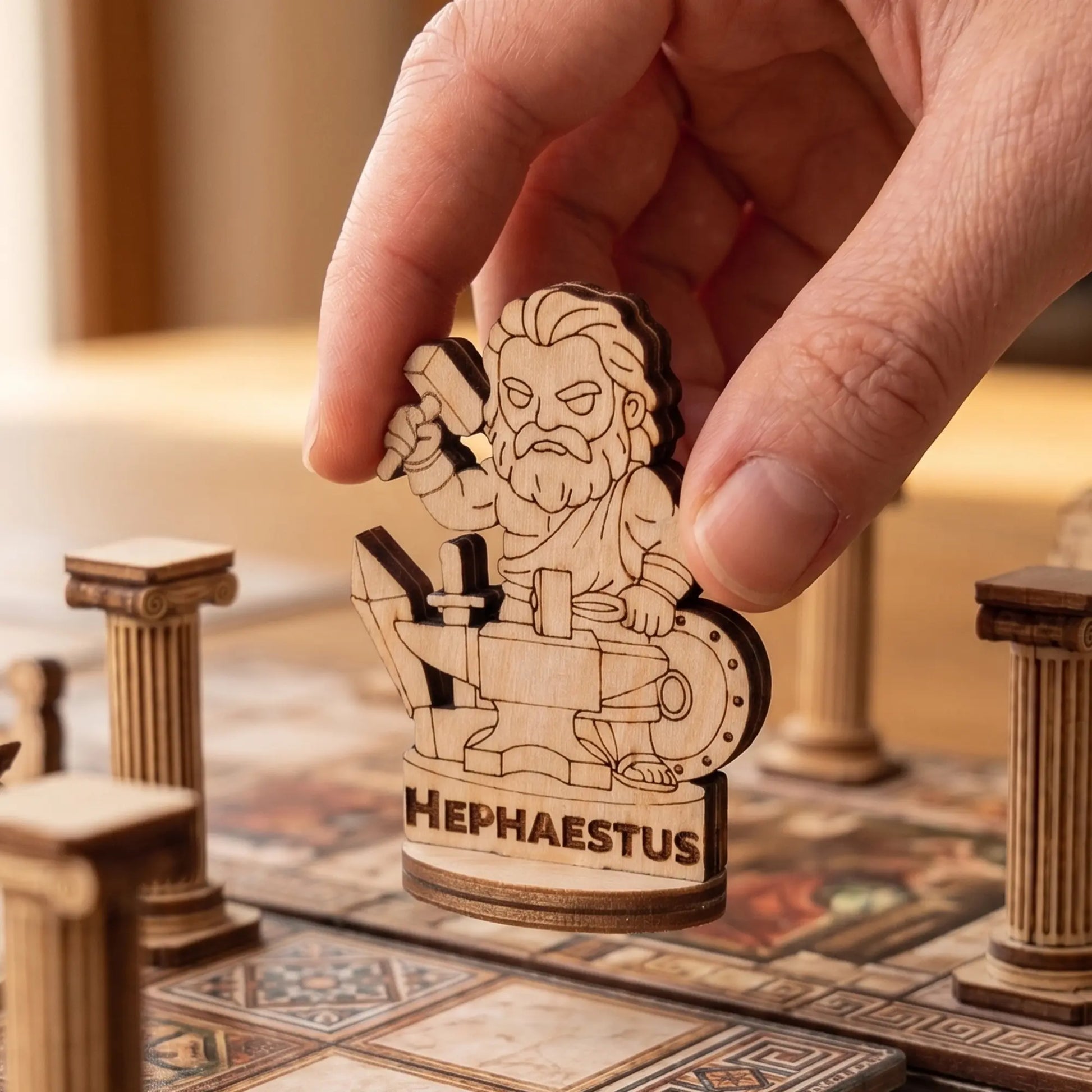 Adult hand placing a laser cut plywood Hephaestus figurine on a detailed board game map with Greek patterns and tokens