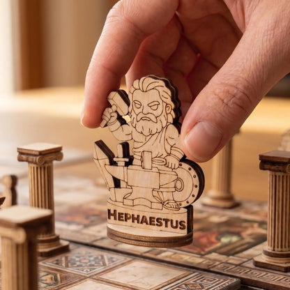 Adult hand placing a laser cut plywood Hephaestus figurine on a detailed board game map with Greek patterns and tokens