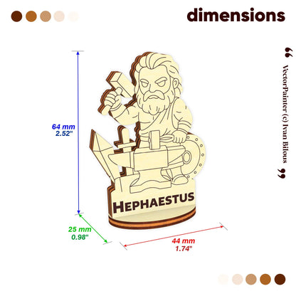 Dimension chart for laser cut plywood Hephaestus miniature: 74mm height, 43mm width, and 25mm depth for tabletop games