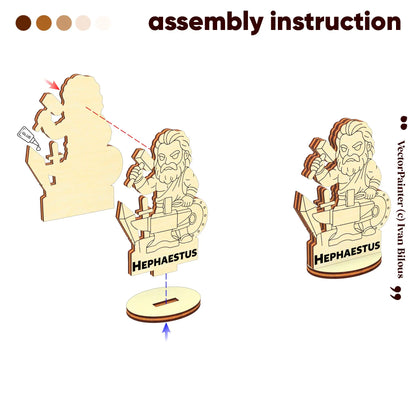 Assembly guide for Hephaestus: diagram shows how to glue and slot laser cut plywood pieces into a sturdy oval wood base
