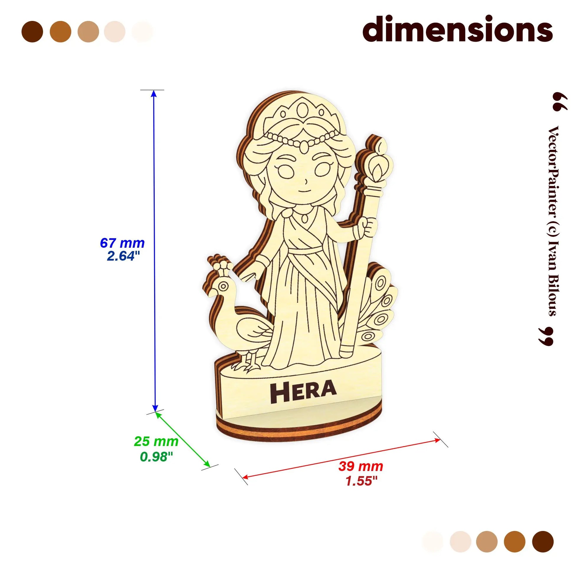 Dimensions of the laser cut plywood Hera miniature figurine: 67 mm height, 39 mm width, and 25 mm depth for RPG tabletop