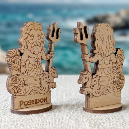 Angled view of laser cut plywood Poseidon showing dark brown burnt edges and layered sea horse chariot standing on a base