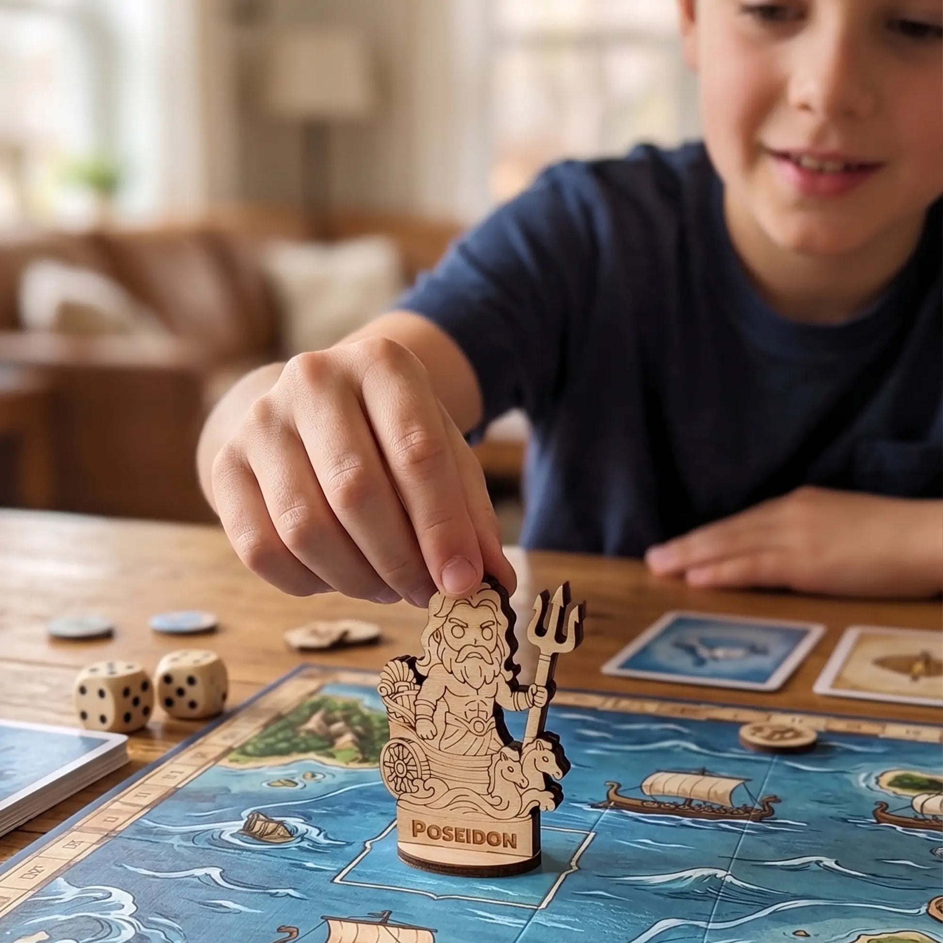 A child moving the laser cut plywood Poseidon miniature on a maritime board game map during a fun tabletop game session