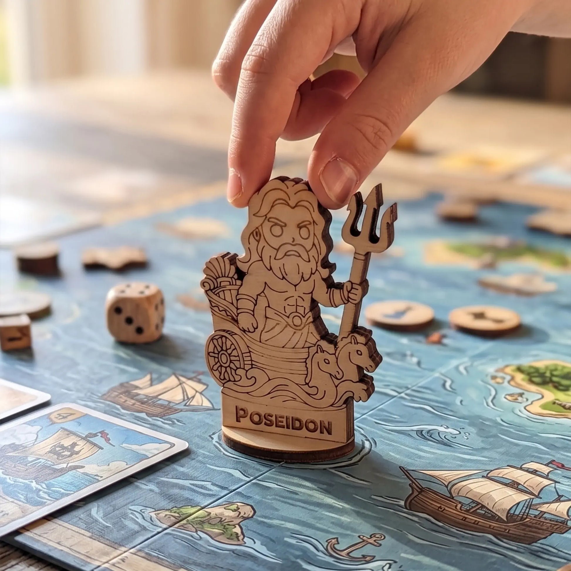 Close up of a hand holding a laser cut plywood Poseidon figurine over a sea map with dice and tokens on a wooden table