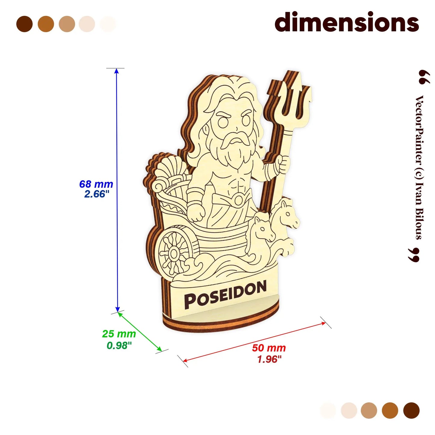 Dimension diagram for laser cut plywood Poseidon miniature: 68mm height, 50mm width, and 25mm depth for board gaming.