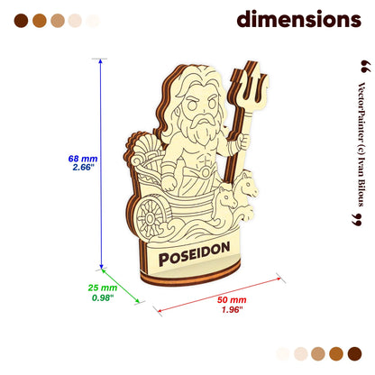 Dimension diagram for laser cut plywood Poseidon miniature: 68mm height, 50mm width, and 25mm depth for board gaming.