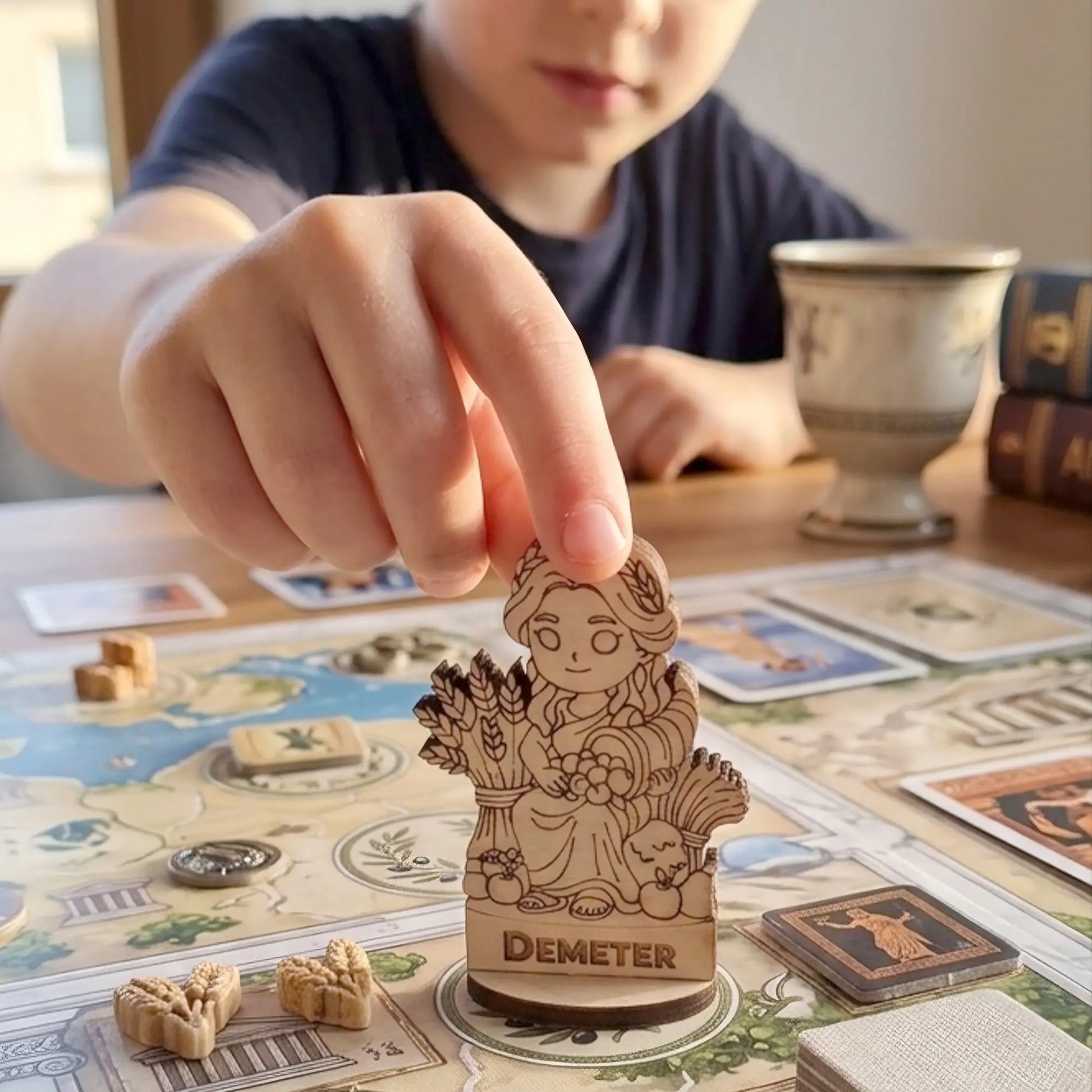 A child's hand placing the laser cut plywood Demeter miniature on a tabletop game board map of Greece during a game session.