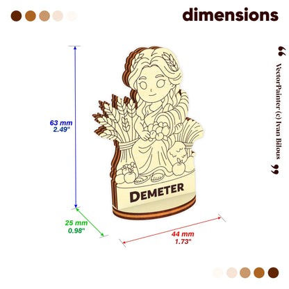Dimension diagram for laser cut plywood Demeter miniature: 63mm height, 44mm width, and 25mm depth for tabletop board games