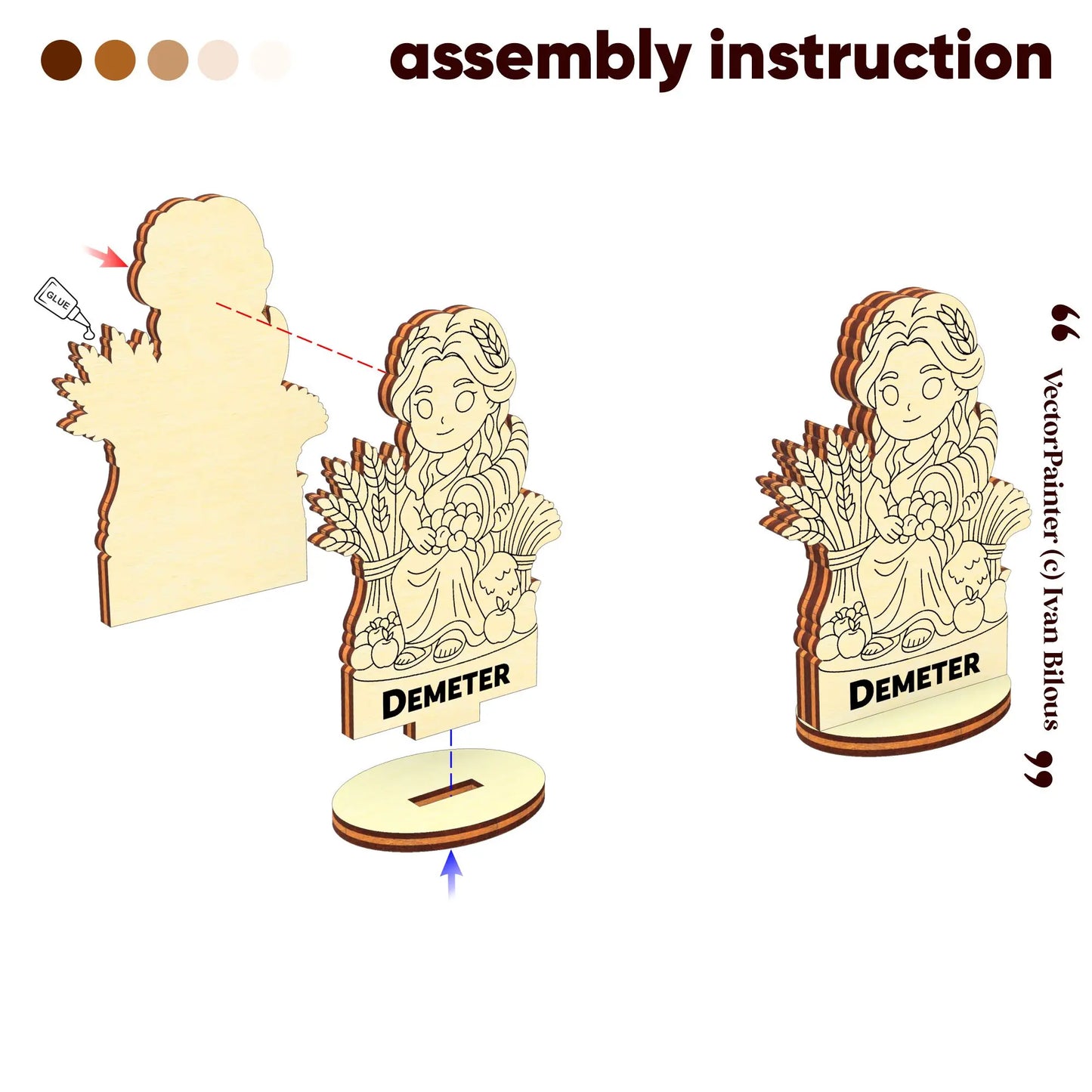 Assembly instruction infographic for the laser cut plywood Demeter figurine showing how to glue and slot parts together.