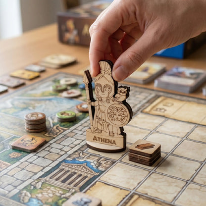 An adult hand places a laser cut plywood Athena miniature on a grid board game map, surrounded by tokens and cards on a desk