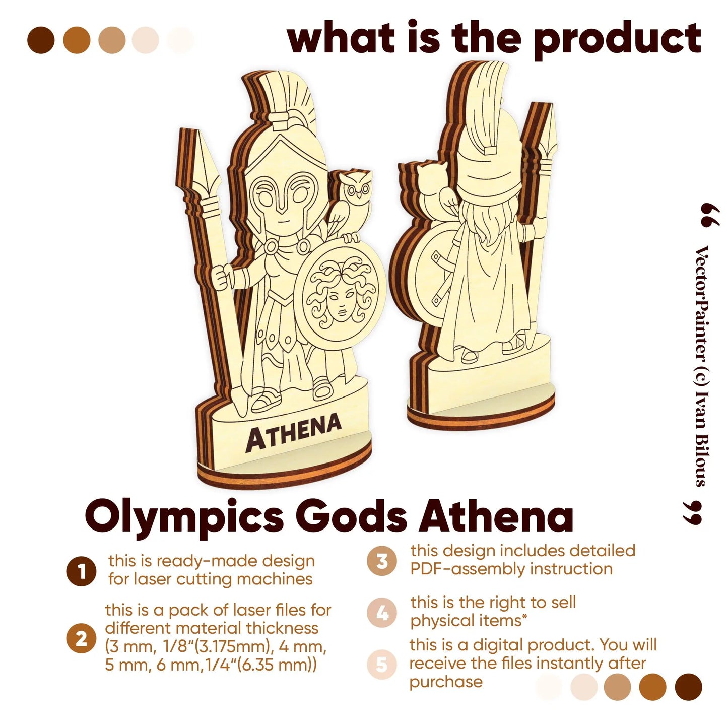 Infographic for Olympics Gods Athena laser cut plywood digital files showing renders and features