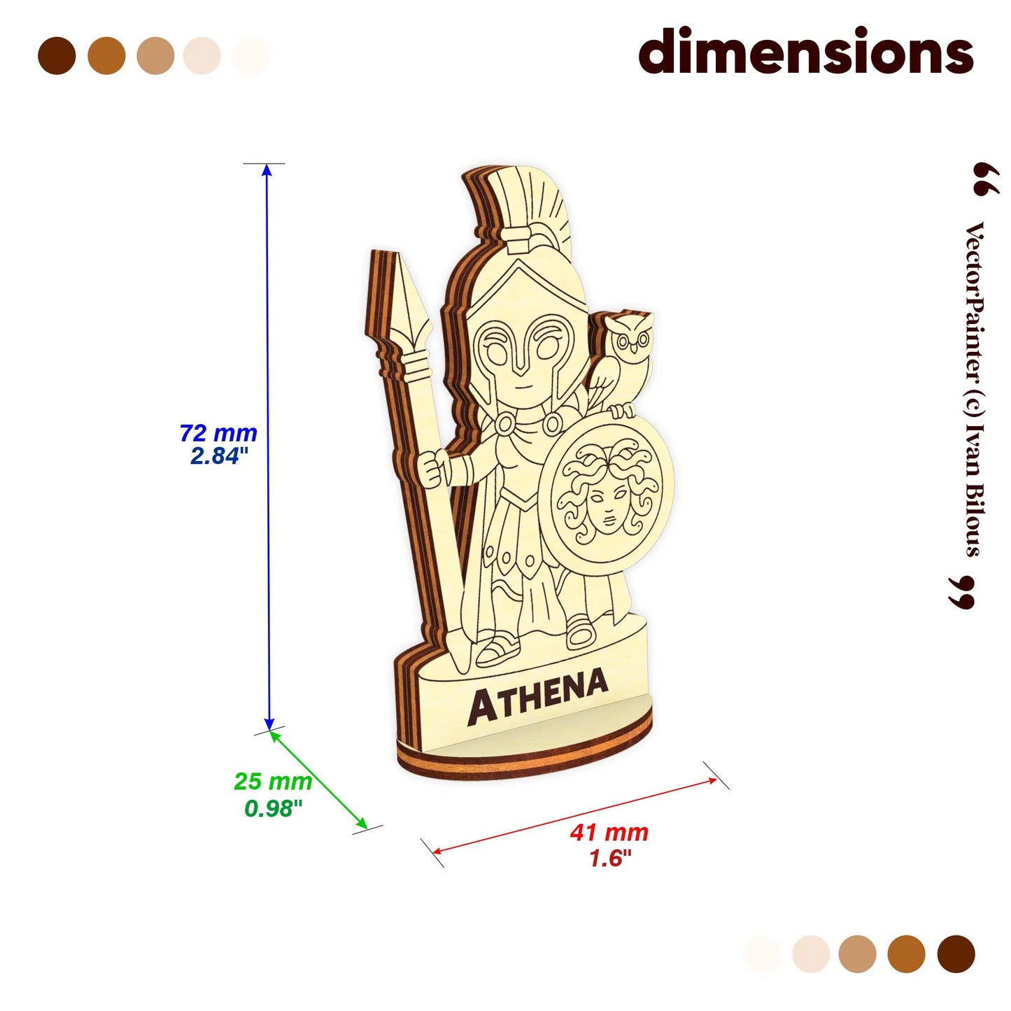Laser cut plywood Athena figurine dimensions: 72mm height, 41mm width, 25mm depth for tabletop gaming