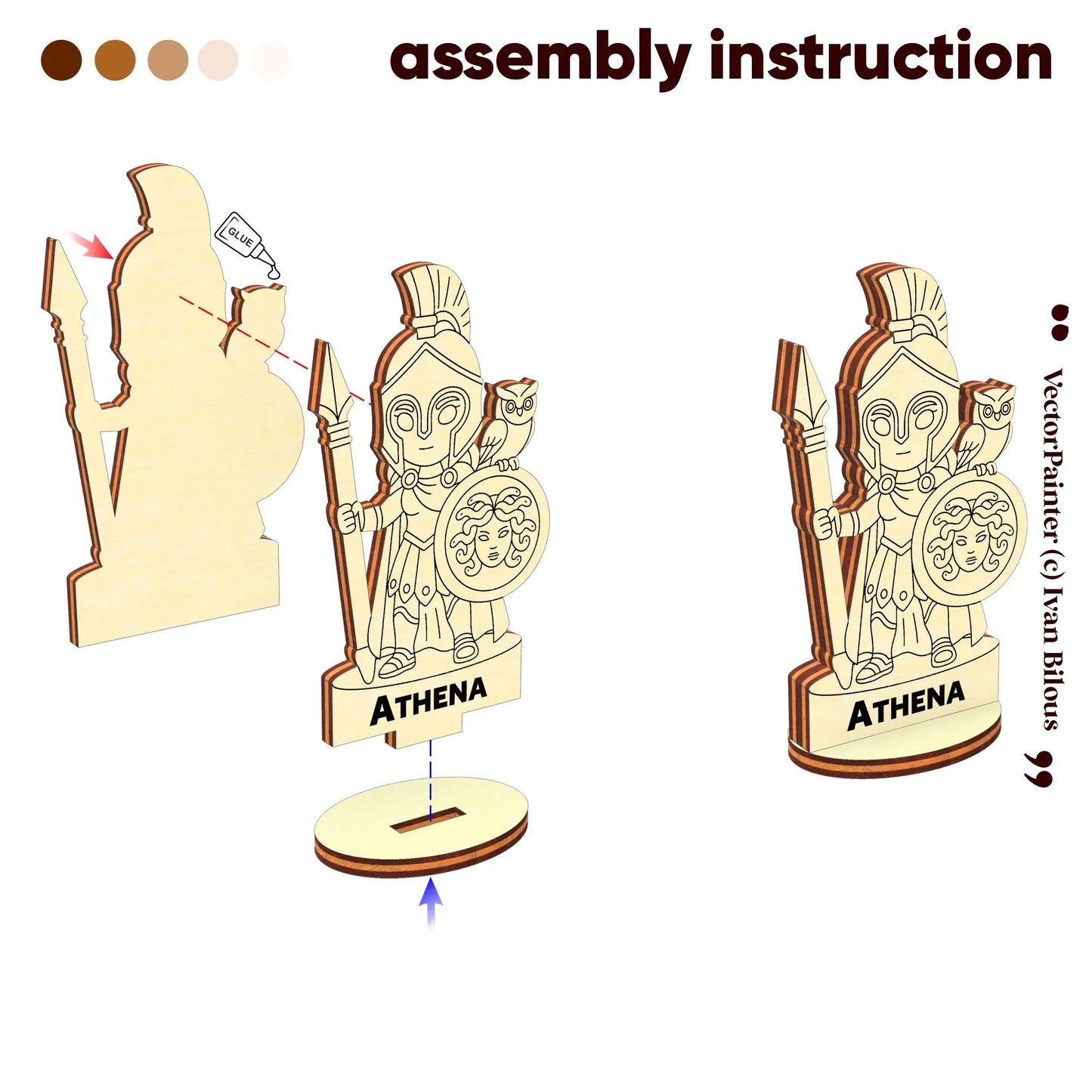 Assembly guide for laser cut plywood Athena figurine showing how to glue and slot parts to a base.