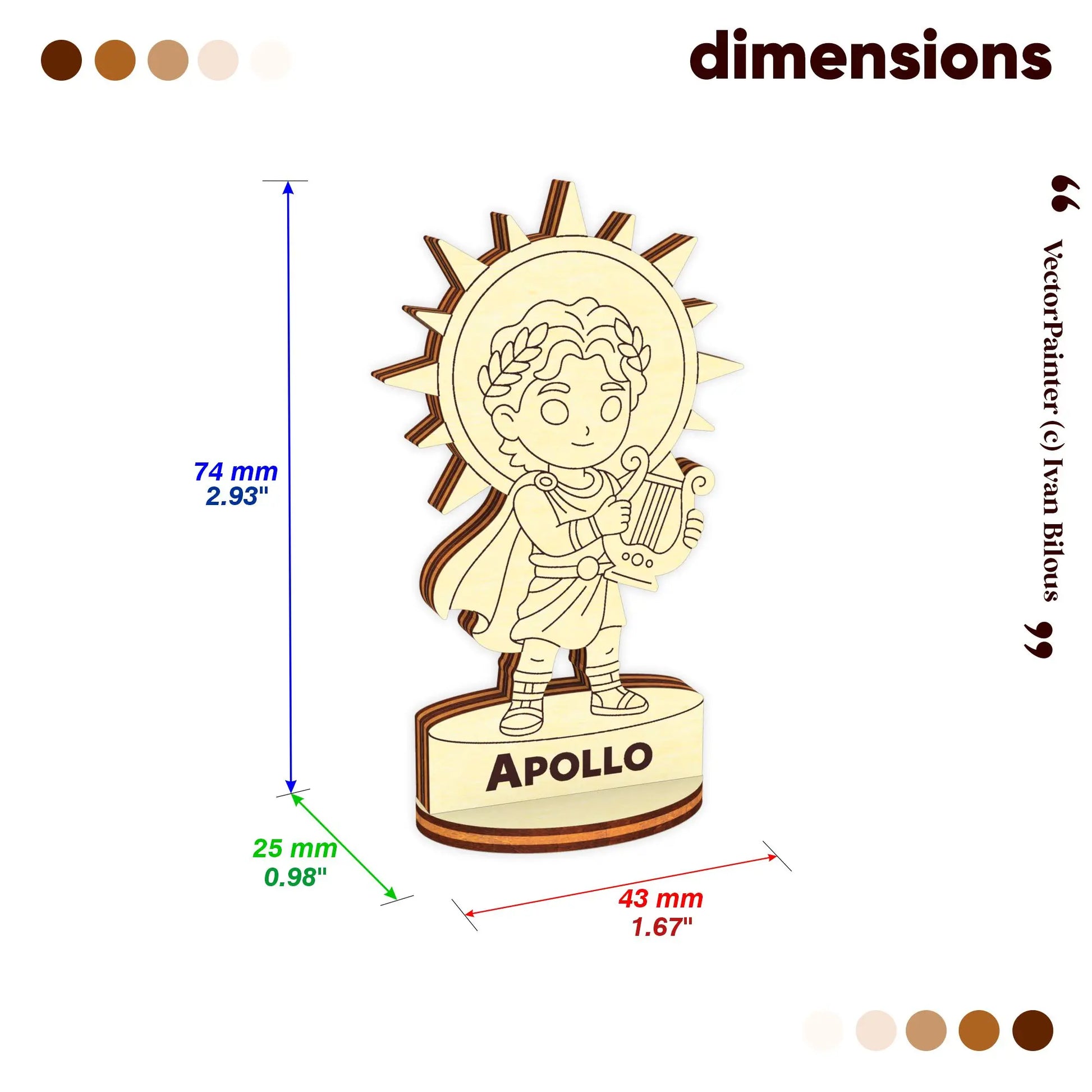 Dimension diagram for laser cut plywood Apollo miniature: 73mm height, 41mm width, and 25mm depth for board gaming use