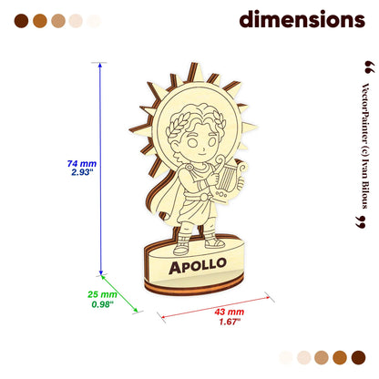 Dimension diagram for laser cut plywood Apollo miniature: 73mm height, 41mm width, and 25mm depth for board gaming use