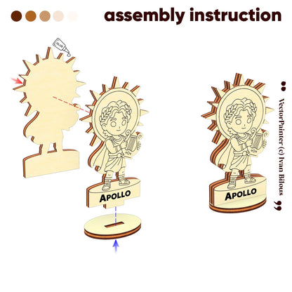 Assembly guide for laser cut plywood Apollo figurine showing how to glue and slot the two main parts into the oval base.