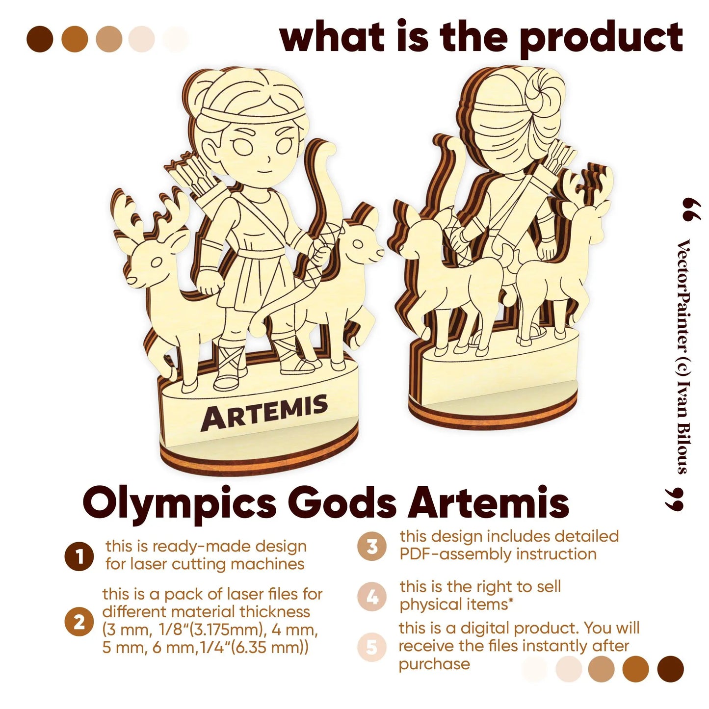 Front and back 3D renders of Artemis with deer. Text lists features for laser cut plywood digital files and sale rights