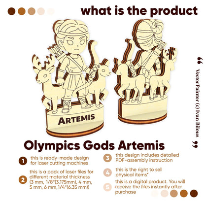 Front and back 3D renders of Artemis with deer. Text lists features for laser cut plywood digital files and sale rights