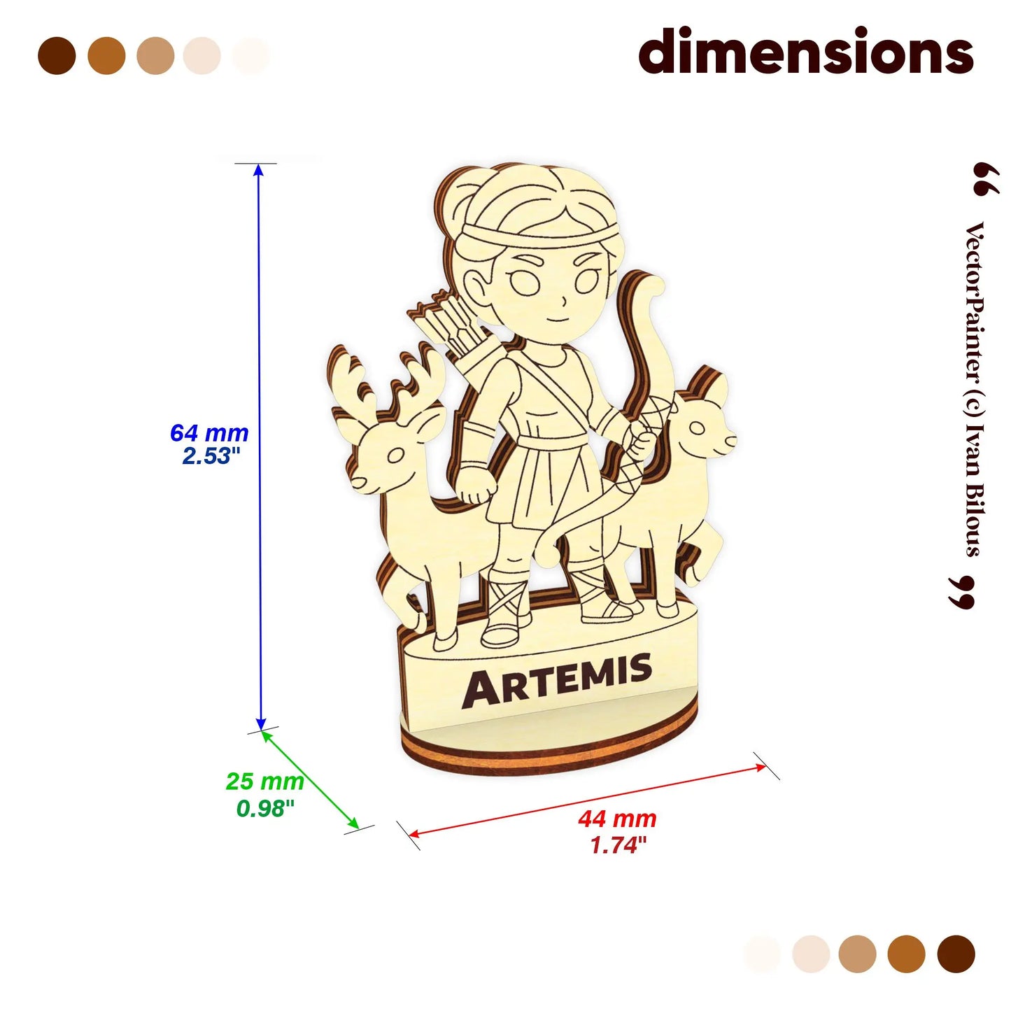 Artemis figurine dimension chart. Laser cut plywood model shown at 64mm height, 44mm width, and 25mm depth on a white base