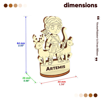 Artemis figurine dimension chart. Laser cut plywood model shown at 64mm height, 44mm width, and 25mm depth on a white base