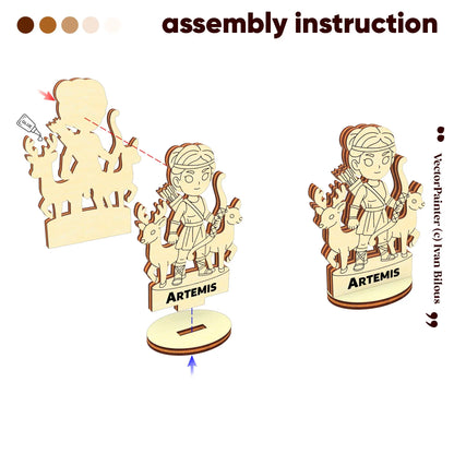 Step-by-step assembly guide for Artemis model. Exploded view shows how to glue and slot laser cut plywood pieces together.