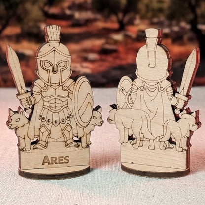 Front and back views of a detailed laser cut plywood Ares figurine with wolves, set against a blurred ancient background