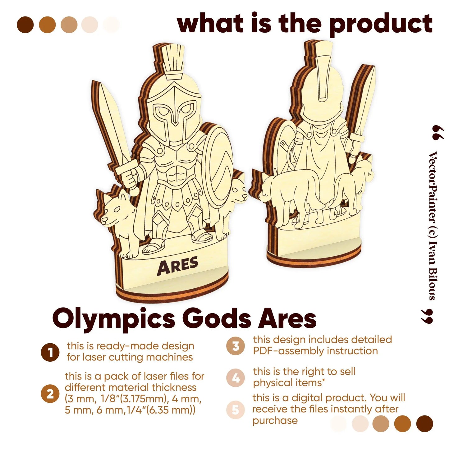 Front and back 3D renders of Ares figurine with wolves for laser cut plywood. Digital file features listed in text