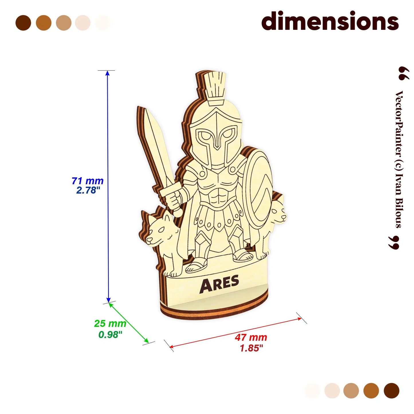 Dimensions chart for laser cut plywood Ares figurine: 71mm height, 47mm width, and 25mm depth on white background