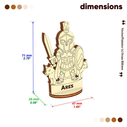 Dimensions chart for laser cut plywood Ares figurine: 71mm height, 47mm width, and 25mm depth on white background
