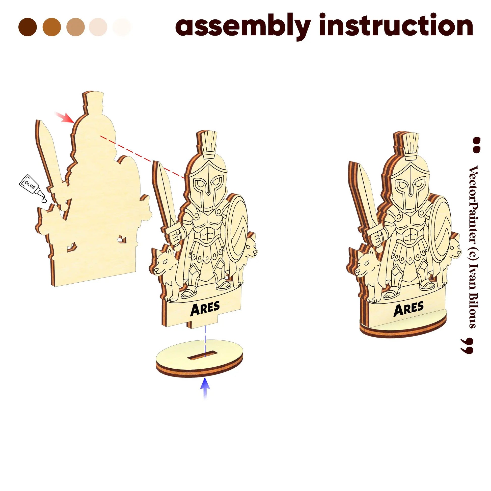 Assembly guide for Ares: diagram shows how to glue and slot laser cut plywood pieces into a sturdy oval wood base