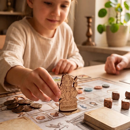 A child's hand moving a laser cut plywood Aphrodite miniature on a colorful board game map with metal tokens and coins