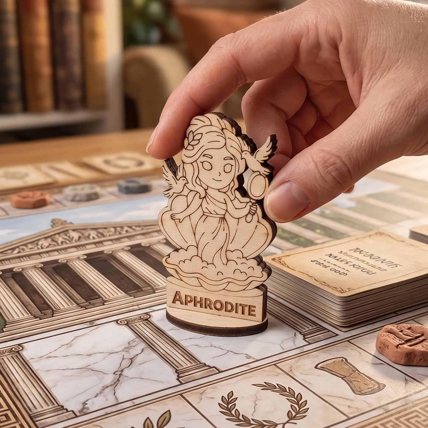 Adult hand placing a laser cut plywood Aphrodite figurine on a board game map with a Greek temple and deck of RPG cards