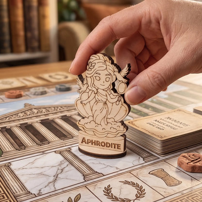 Adult hand placing a laser cut plywood Aphrodite figurine on a board game map with a Greek temple and deck of RPG cards