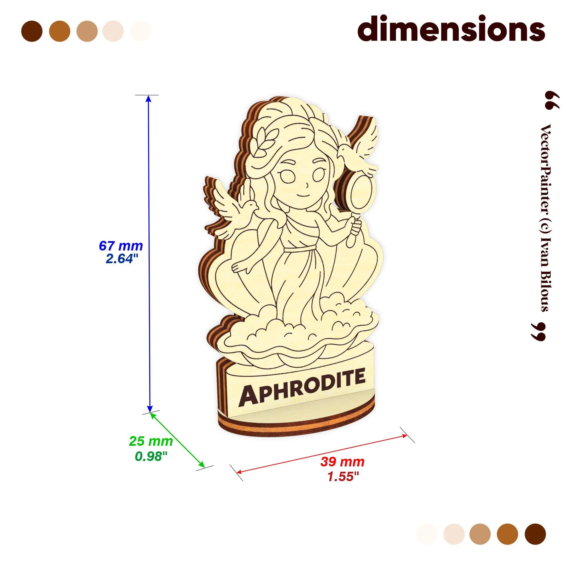 Dimension chart for laser cut plywood Aphrodite figurine: 67mm height, 39mm width, and 25mm depth on white background