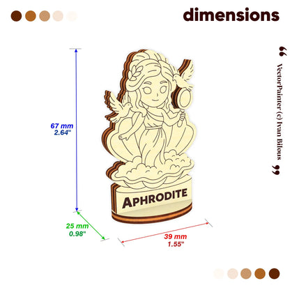 Dimension chart for laser cut plywood Aphrodite figurine: 67mm height, 39mm width, and 25mm depth on white background
