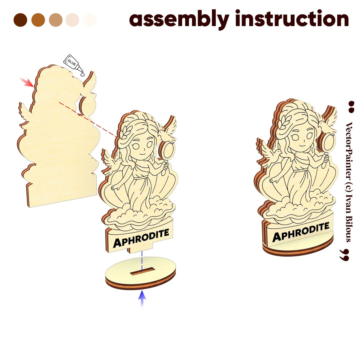 Assembly guide for Aphrodite: diagram shows how to glue and slot laser cut plywood pieces into a sturdy oval wood base