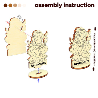 Assembly guide for Aphrodite: diagram shows how to glue and slot laser cut plywood pieces into a sturdy oval wood base
