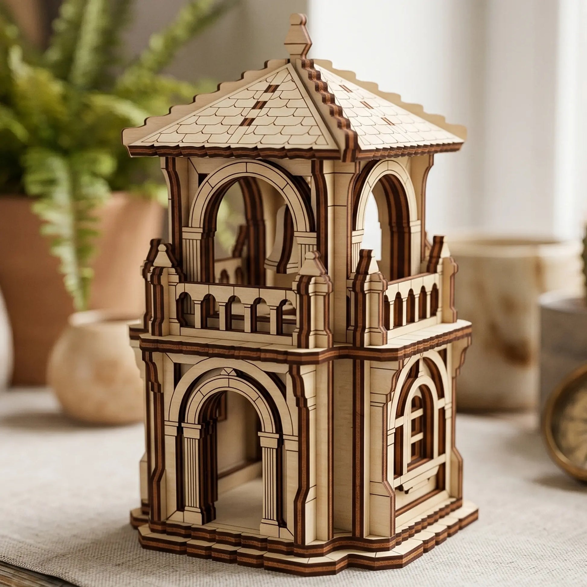 A wooden tower laser cut model of a castle-like structure, sits on a surface with plants in the background.