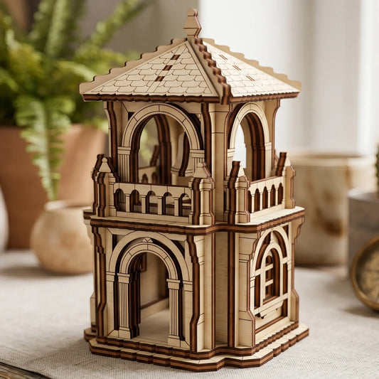 A wooden tower laser cut model of a castle-like structure, sits on a surface with plants in the background.