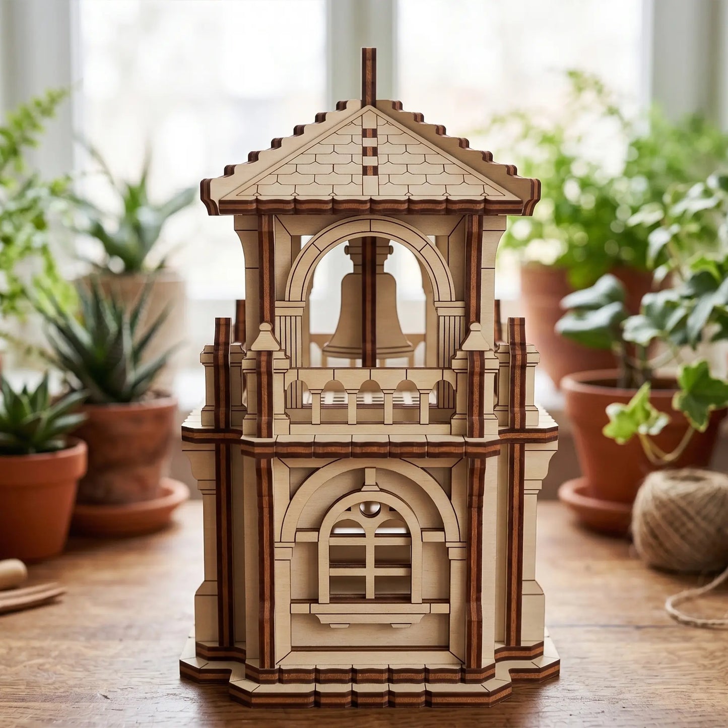 Front view of a miniature fantasy tower house of laser cut plywood, staged on a wooden table near green potted ferns.