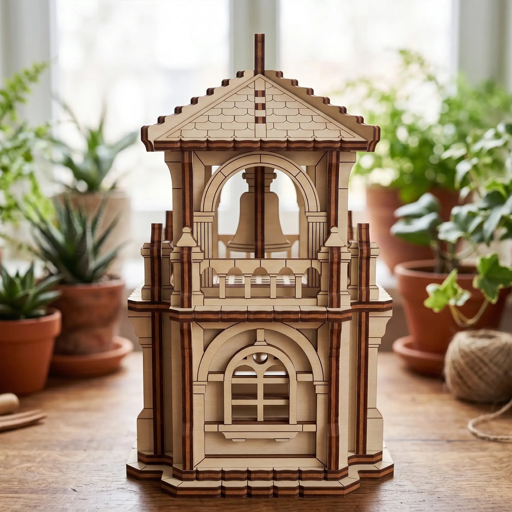 Front view of a miniature fantasy tower house of laser cut plywood, staged on a wooden table near green potted ferns.