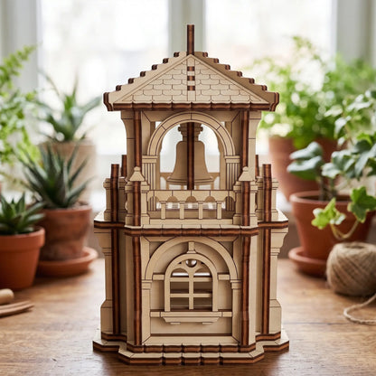 Front view of a miniature fantasy tower house of laser cut plywood, staged on a wooden table near green potted ferns.