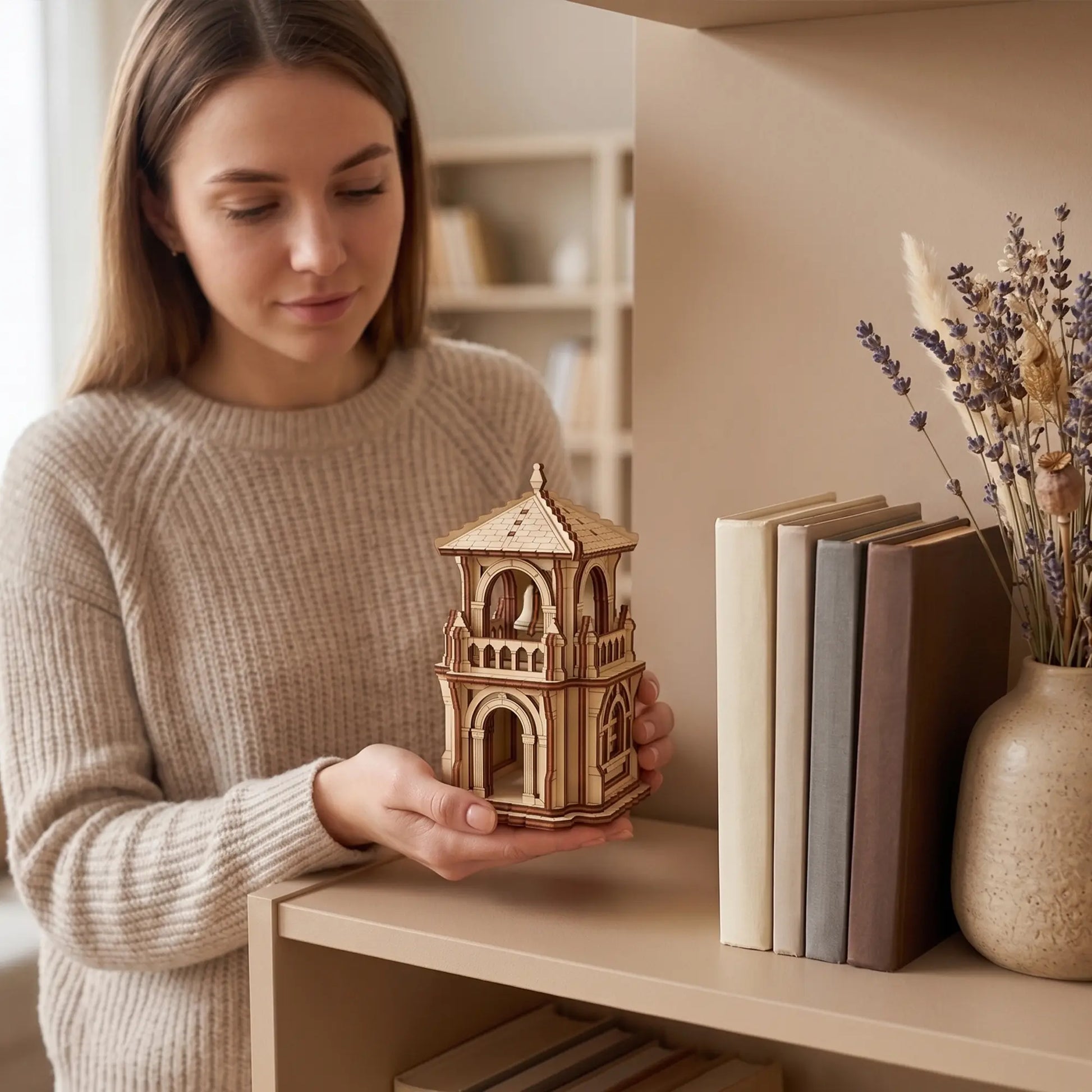 A woman showcasing a miniature fantasy bell house made from laser cut plywood, demonstrating its tabletop home scale.