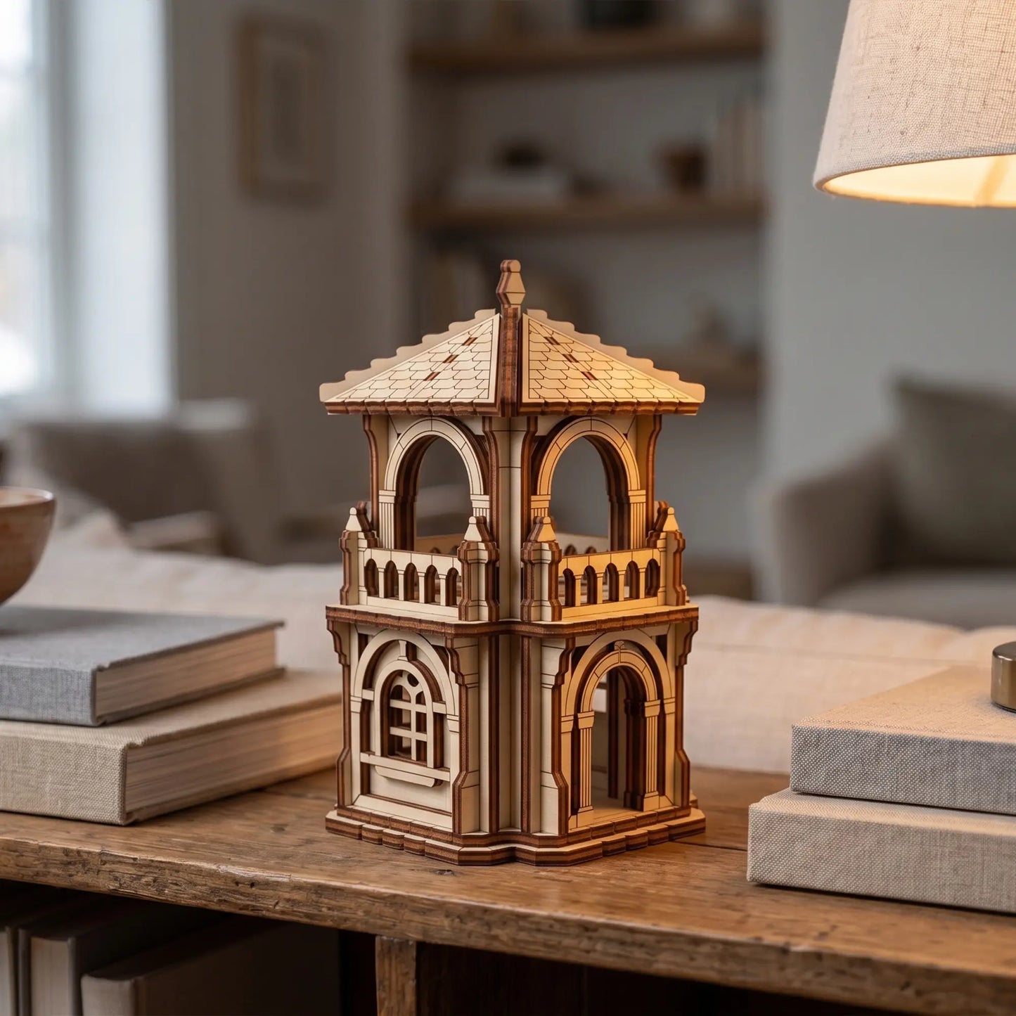 Miniature fantasy tower house made of laser cut plywood on a wooden living room table with books and a warm lamp.