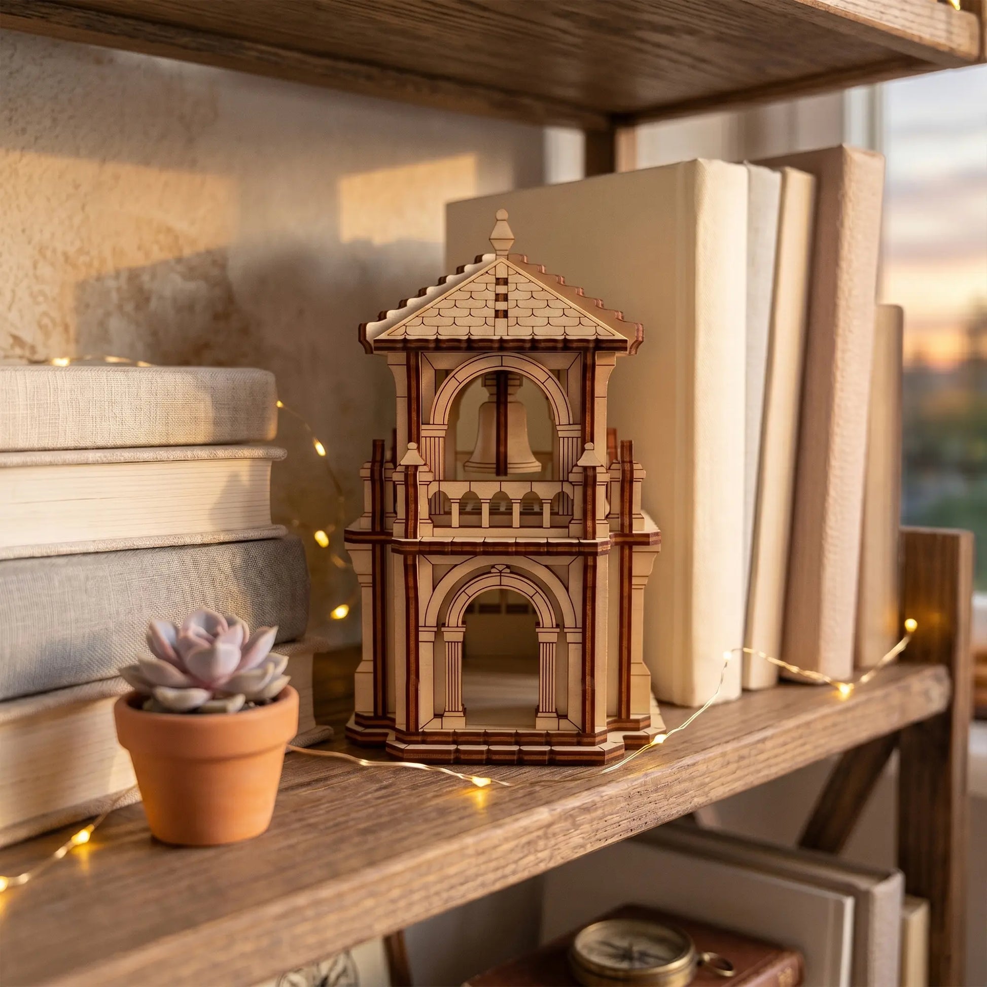 a wooden shelf with various items on it, including a small wooden fairy house laser cut model