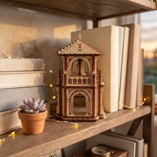 a wooden shelf with various items on it, including a small wooden fairy house laser cut model