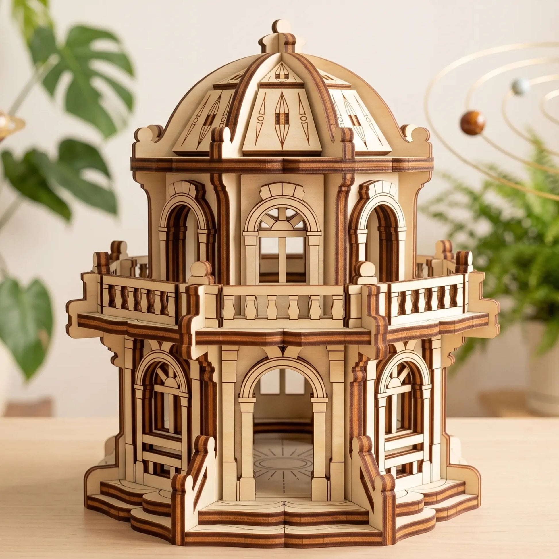 Front view of a miniature architectural palace model with a dome, assembled from multi-toned laser cut plywood sheets.
