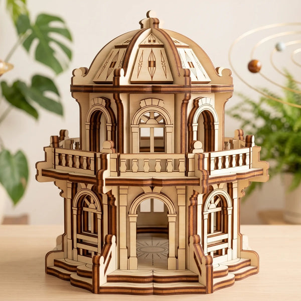 Front view of a miniature architectural palace model with a dome, assembled from multi-toned laser cut plywood sheets.